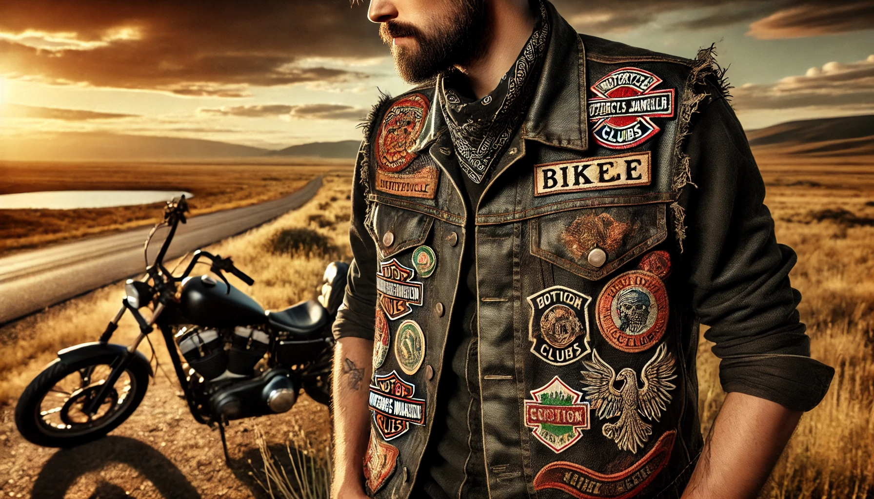 DALL·E 2024-12-16 06.39.20 - A landscape image featuring a rugged individual wearing a patched biker vest. The vest is black leather, adorned with colorful, detailed patches symbo