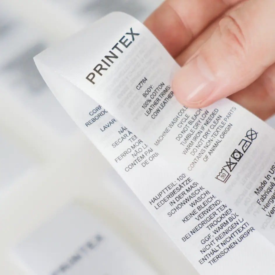 A collection of custom care labels displaying essential washing and drying instructions for different garments and fabrics