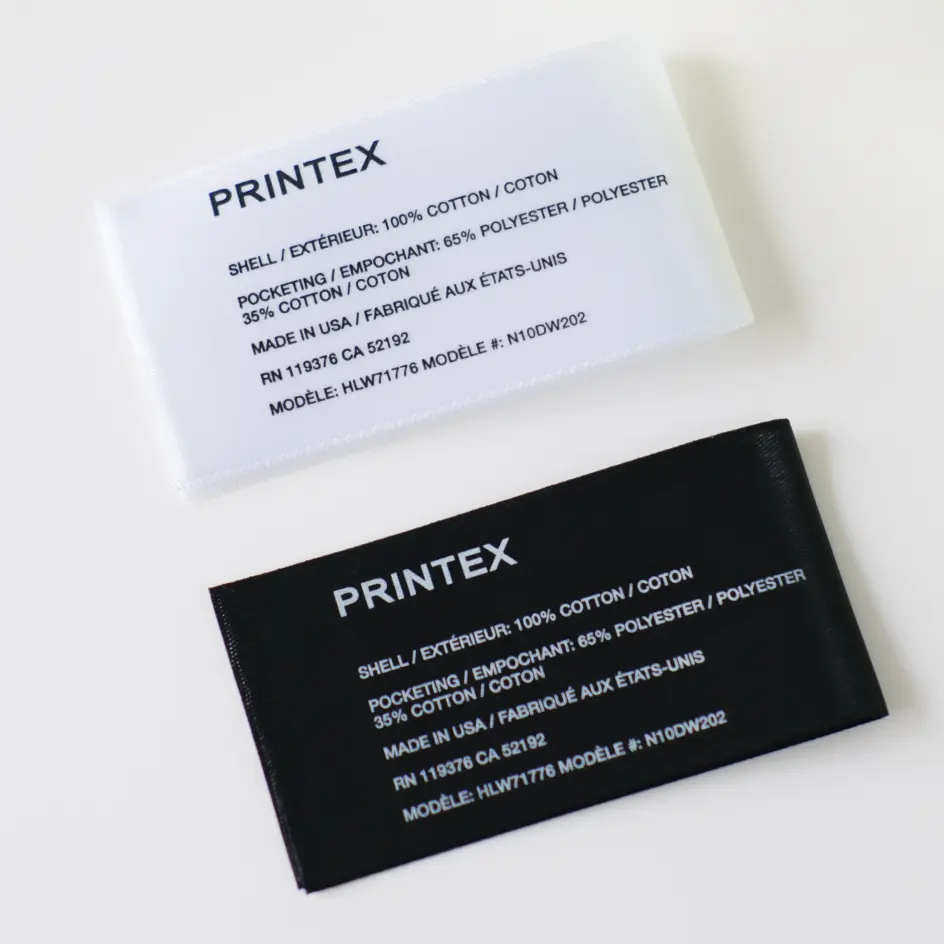 A set of custom care labels with detailed fabric care guidelines, helping consumers maintain their clothing effectively.