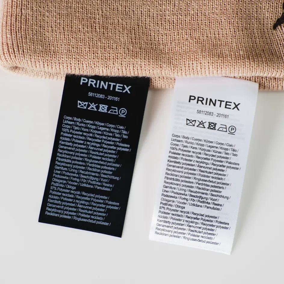Custom care labels made from high-quality base material, ensuring durability and clear instructions for garment care.