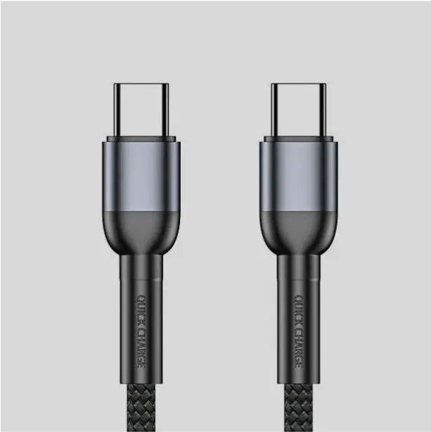 Fast-charging USB-C to USB-C cable with reinforced connectors for durability and reliable data transfer.