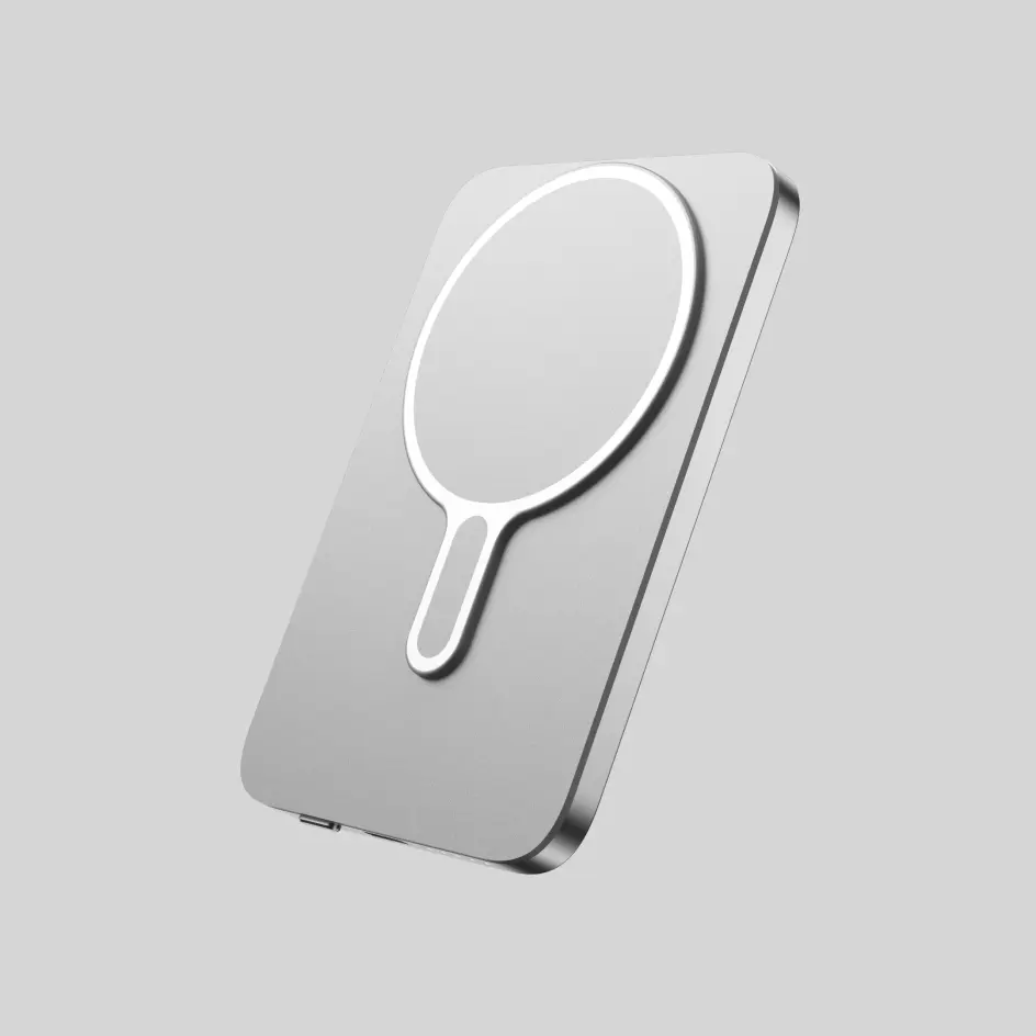 Compact silver HWS-03U power bank with a reflective finish, blending practicality with style.