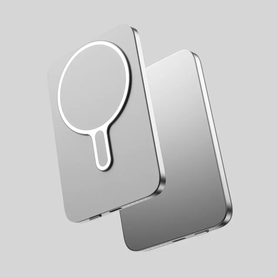 Sophisticated HWS-03 power bank in silver, designed for trendsetters on the go.