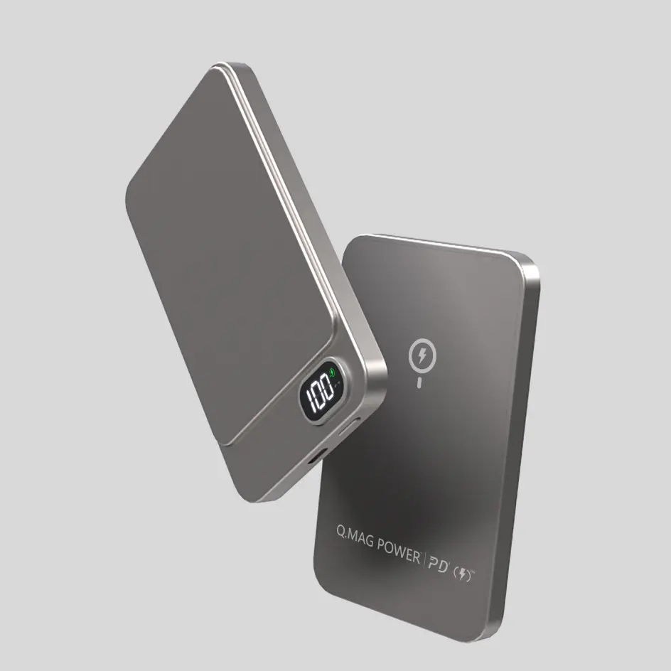Minimalist HWS-04U power bank in matte grey, blending understated elegance with functionality.
