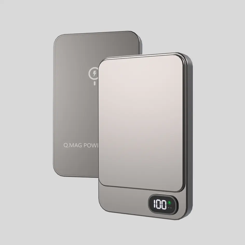 Luxurious silver HWS-04 power bank with a brushed metallic finish for a premium feel.