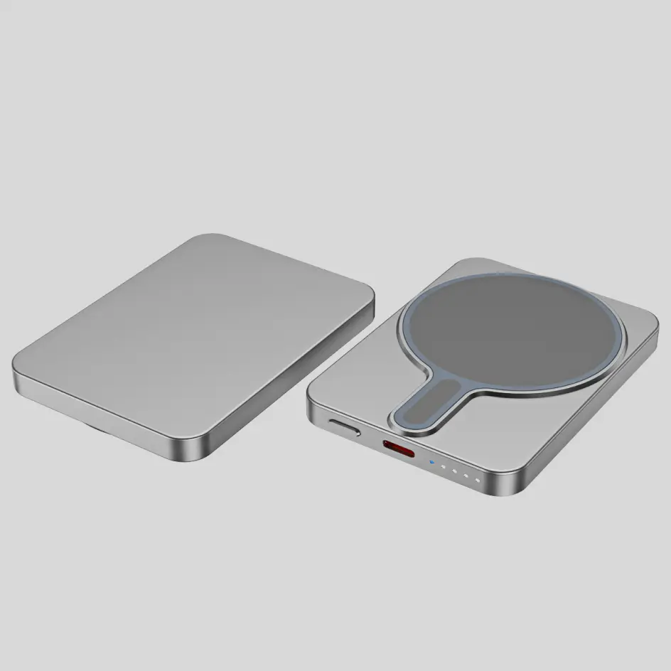 Luxurious silver HWSMini-02 power bank, offering a polished finish for a premium feel.