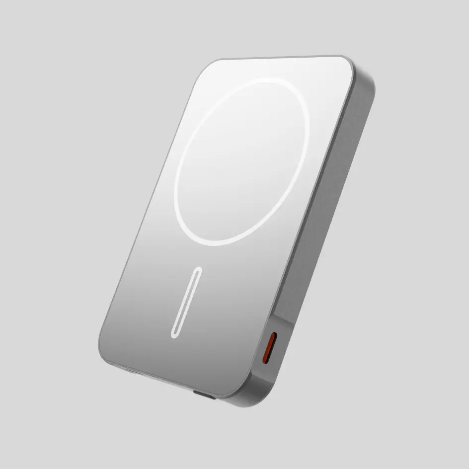 Refined silver HWSBHPB-02 power bank with a polished metallic finish for a premium look.