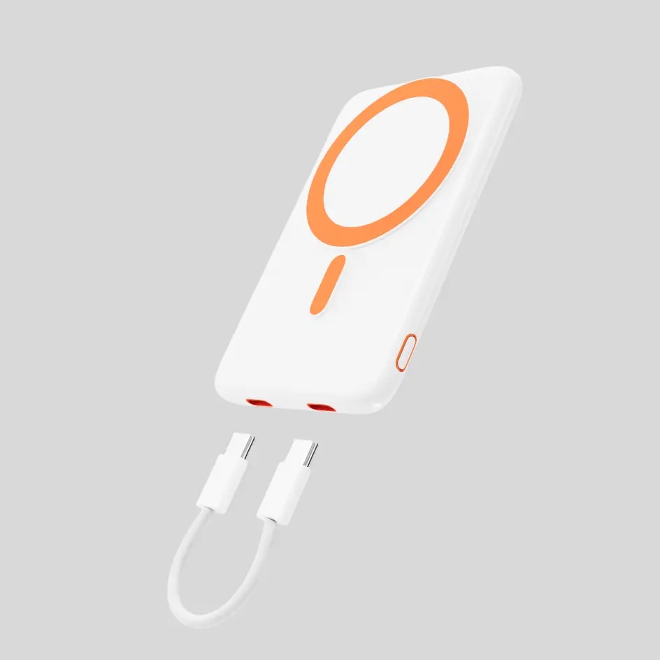 Modern white HWSLP-01 power bank with a smooth, minimalist surface for everyday use.