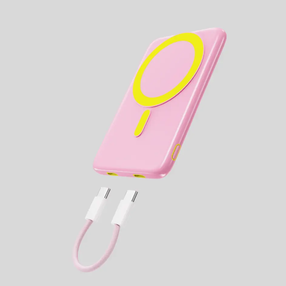 Eye-catching pink HWSLP-01 power bank, blending bold aesthetics with reliable charging performance.