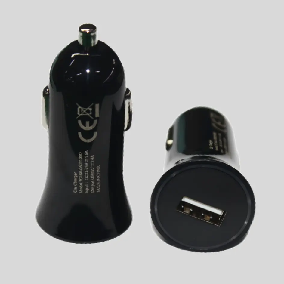 Sleek black cigarette lighter USB charger with dual ports for fast charging, designed to blend seamlessly with car interiors.