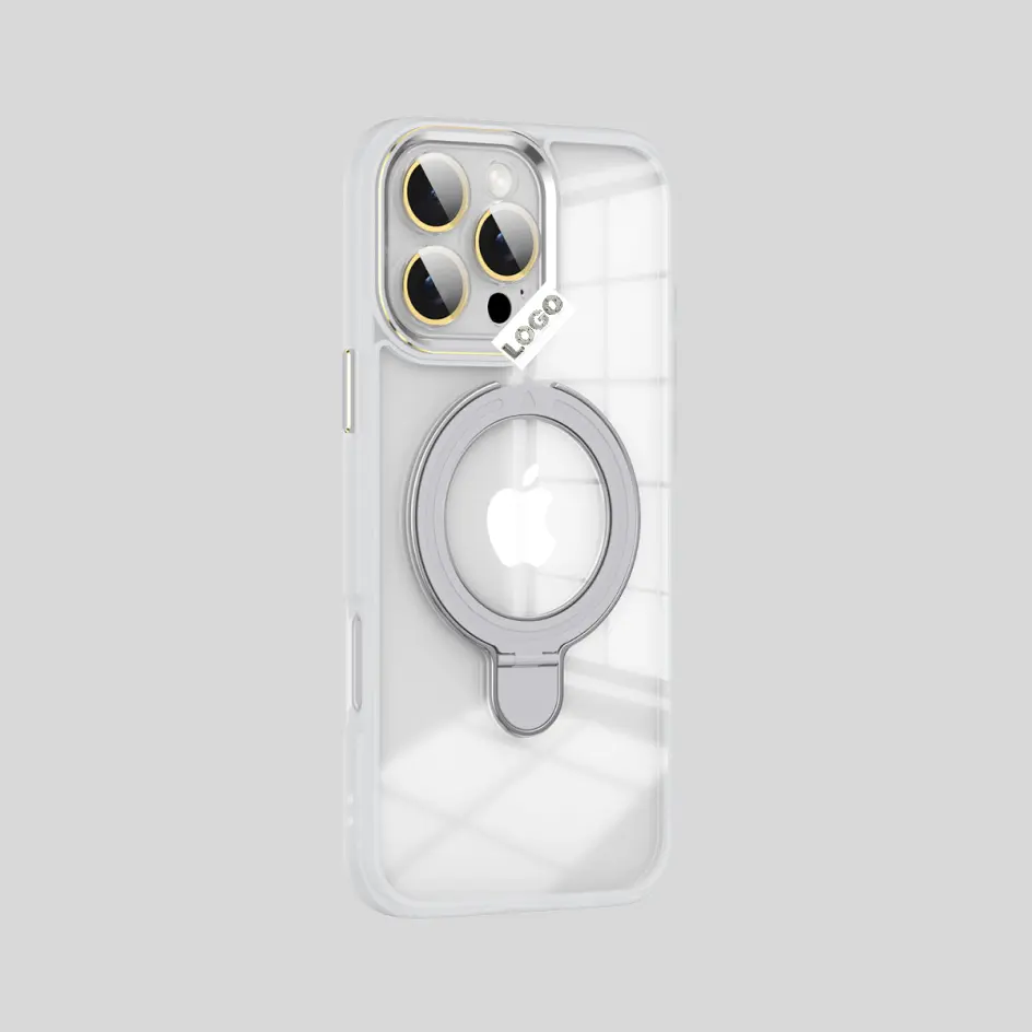 Classic transparent iPhone case with a kickstand, combining a clean design with convenient hands-free functionality.