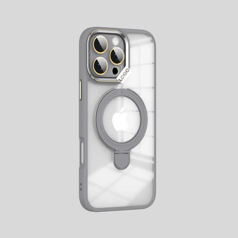Modern grey luxury iPhone case with kickstand, offering a unique touch of color with premium protection.