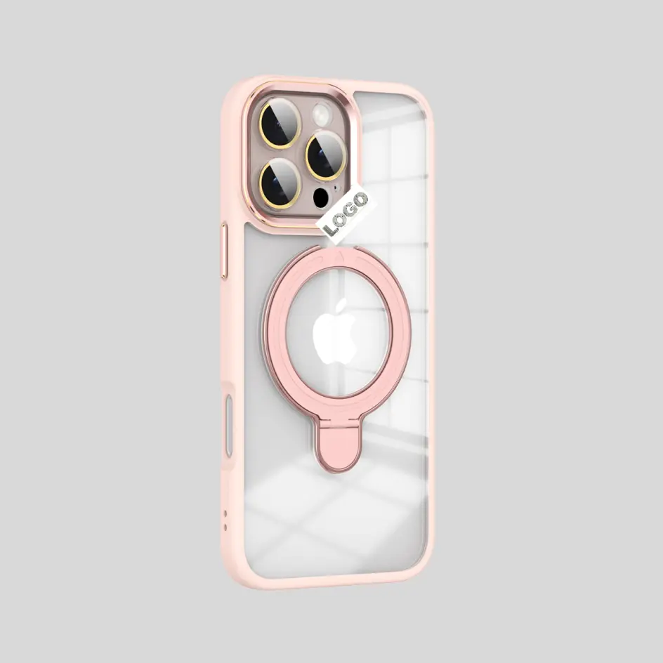 Elegant pink luxury iPhone case with a built-in kickstand, combining style and functionality.