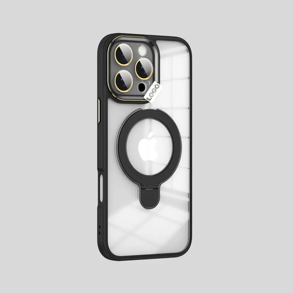 Sophisticated black luxury iPhone case with a kickstand for convenient hands-free viewing and premium protection.