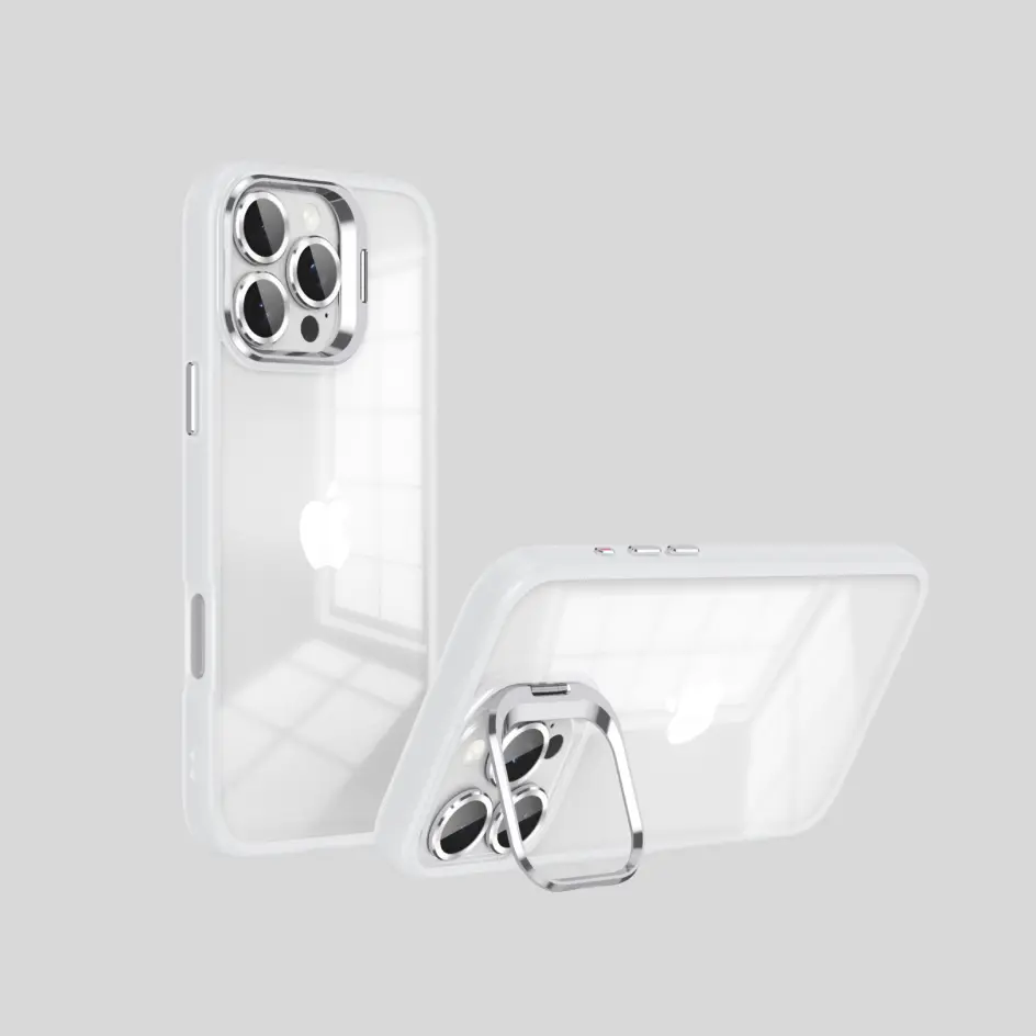 Sleek transparent iPhone case with camera frame and DIY lens, offering an ultra-modern look with customizable features.