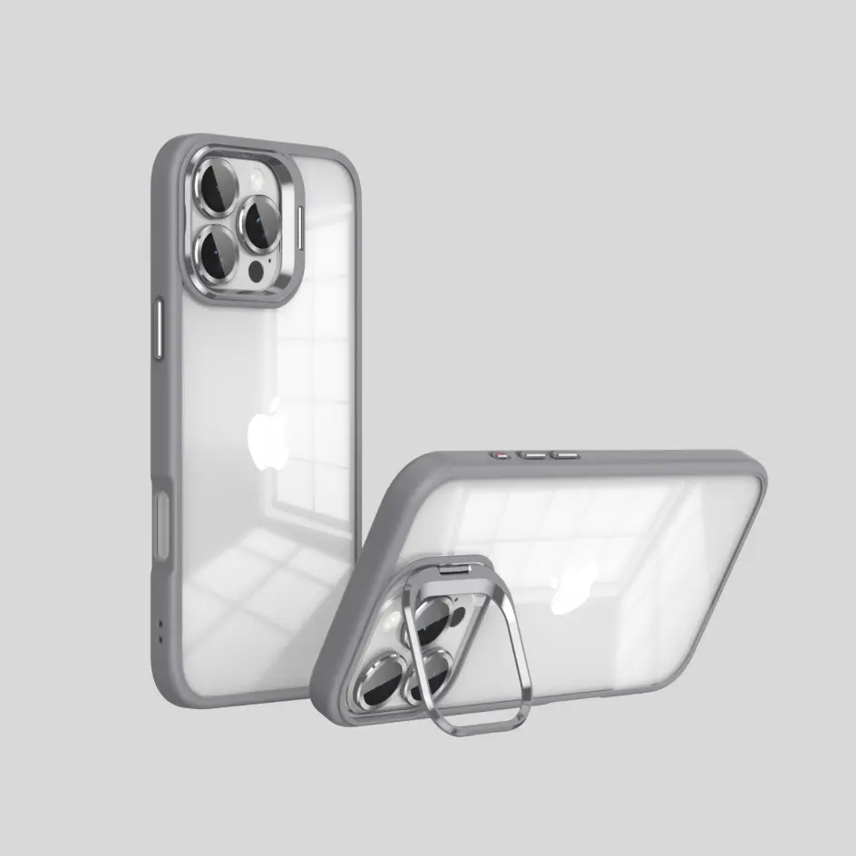 Grey iPhone case with camera frame and DIY lens, designed to add bold style while protecting your phone.