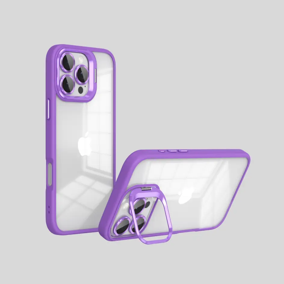 Stylish purple iPhone case with camera frame and DIY lens, offering a fashionable and customizable phone protection solution.