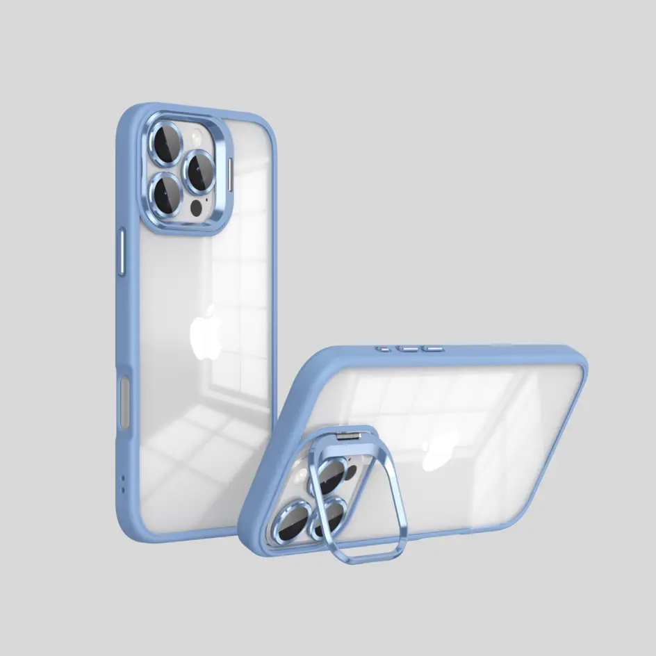 Captivating blue iPhone case with camera frame and DIY lens, blending minimalistic design with high-quality functionality.