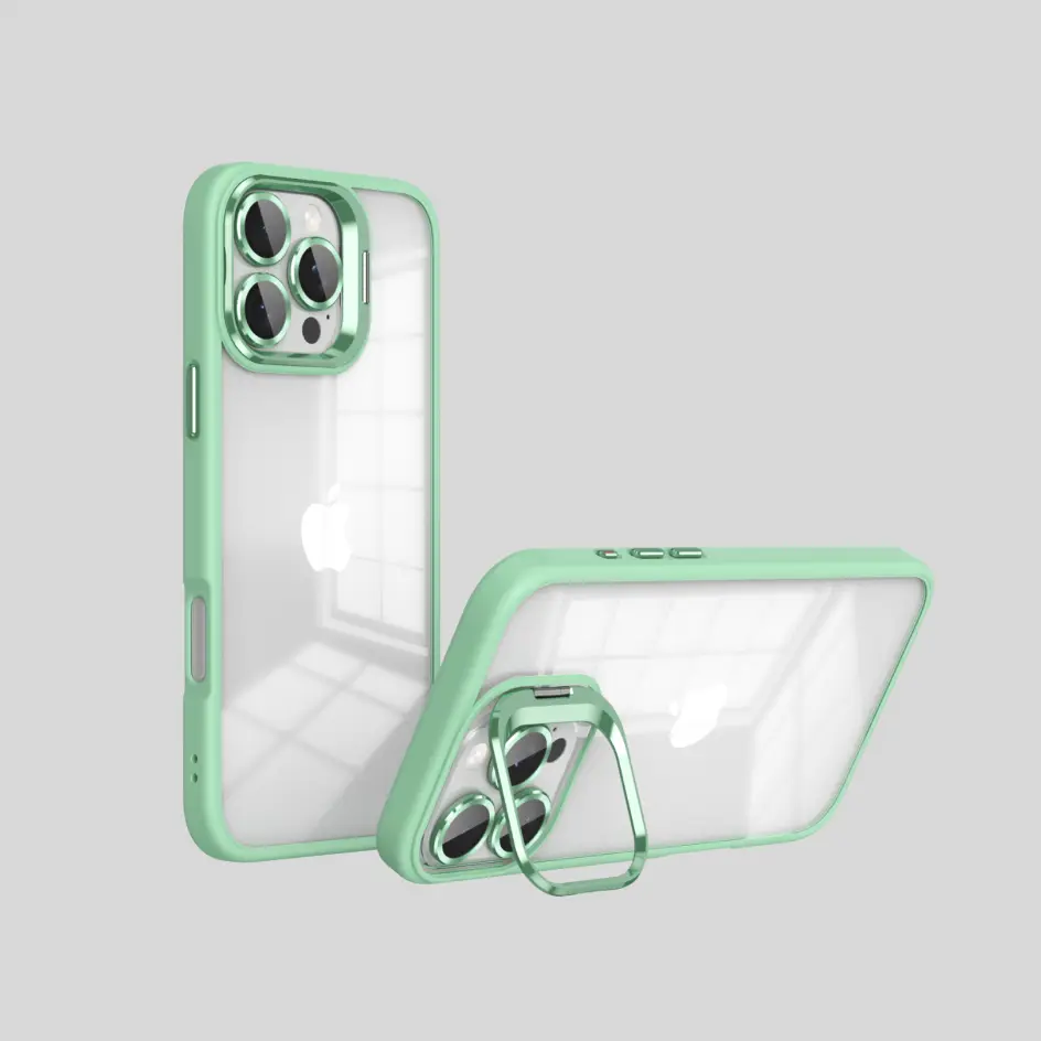 Bright green iPhone case with camera frame and DIY lens, giving your phone a refreshing pop of color with custom lens options.