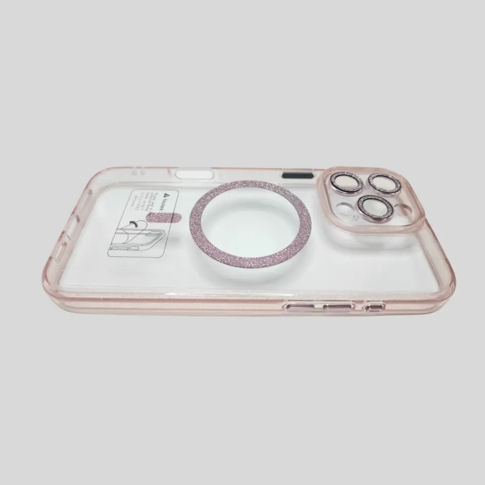 Sparkling gold glitter iPhone case with a magnetic ring, offering a dazzling design and reliable phone protection.