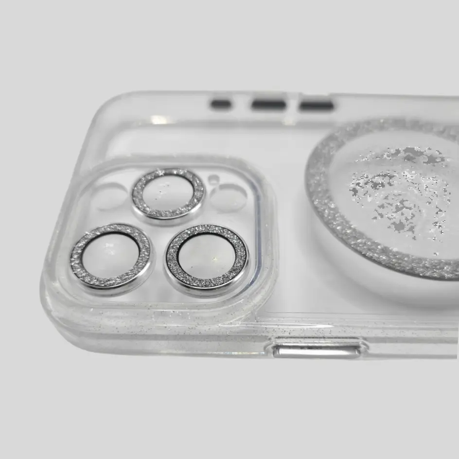CLEAR glitter iPhone case with magnetic ring, blending elegance with functionality and security.