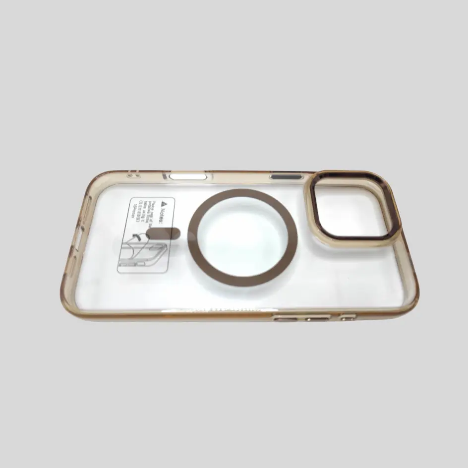 Modern grey metal frame iPhone case with a magnetic ring, offering durability and a sleek design.