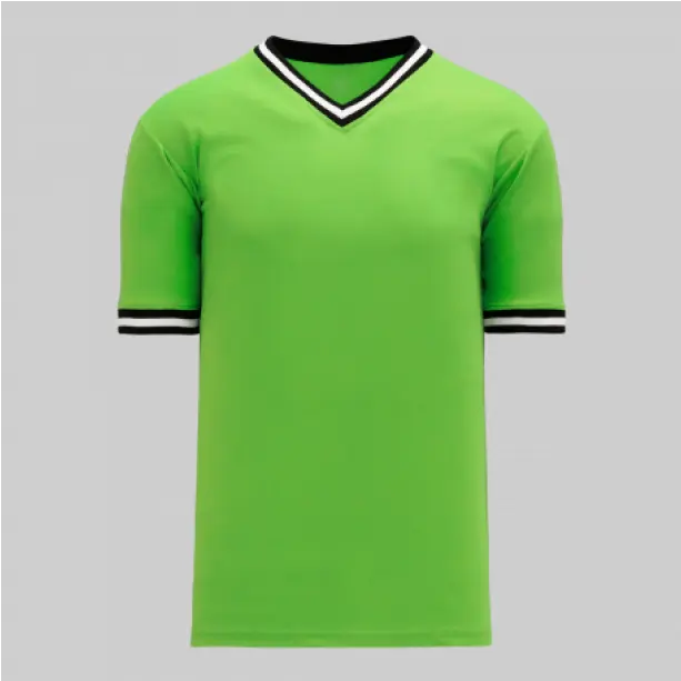 Light green short-sleeve v-neck t-shirt with bold black and white stripes on the collar and sleeve cuffs, creating a fresh, modern look.