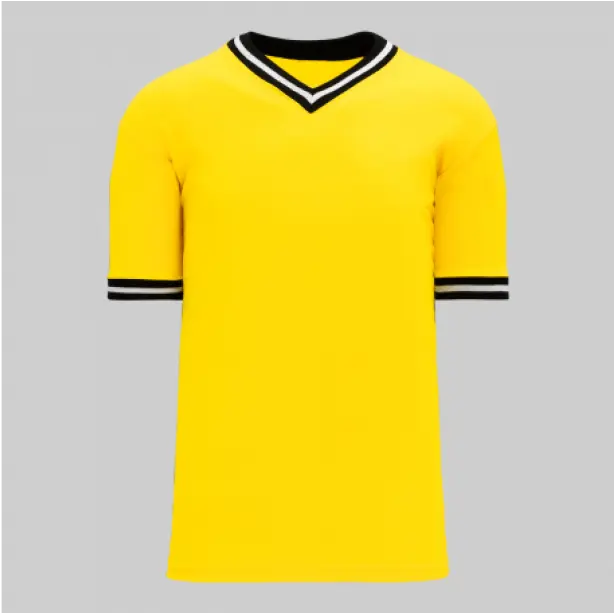 Bright yellow short-sleeve v-neck t-shirt featuring crisp black and white stripes on the collar and sleeve cuffs for a bold contrast.