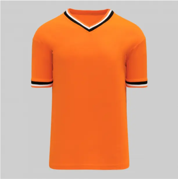 Vibrant orange short-sleeve v-neck t-shirt with black and white striped details on the collar and sleeve cuffs, perfect for a lively, eye-catching style.