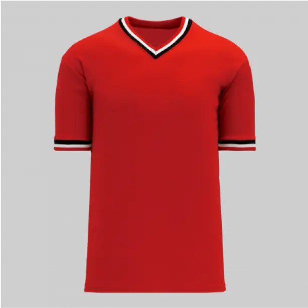 Striking red short-sleeve v-neck t-shirt accented with black and white stripes on the collar and sleeve cuffs for a bold, sporty design.