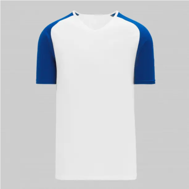 White short-sleeve v-neck t-shirt with vibrant royal blue sleeves, delivering a crisp and athletic aesthetic.