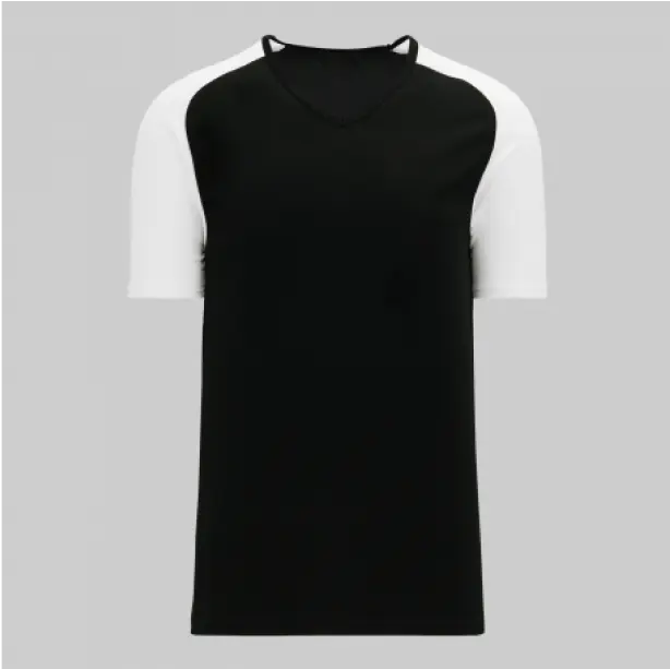 Black short-sleeve v-neck t-shirt featuring sharp white sleeves for a bold and contemporary look.