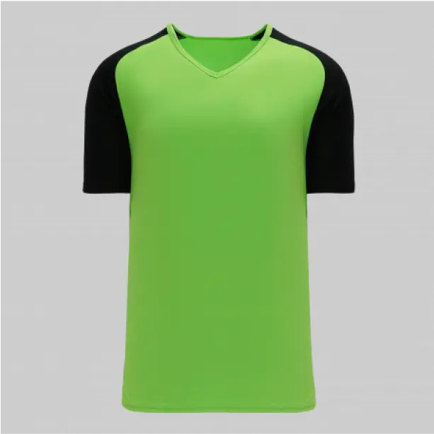 Green short-sleeve v-neck t-shirt with contrasting black sleeves, blending vibrant and bold tones seamlessly.