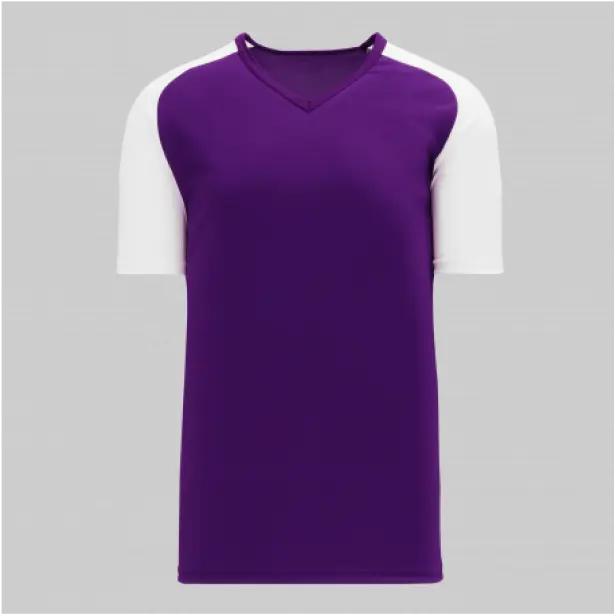 Purple short-sleeve v-neck t-shirt with bold black sleeves, creating a sleek and striking contrast.