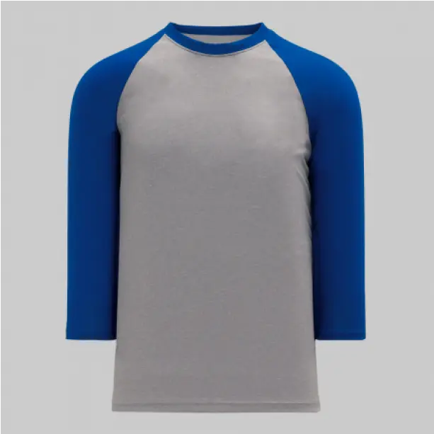 Ash gray round-neck t-shirt with vibrant blue long sleeves, blending neutral and bold tones effortlessly.