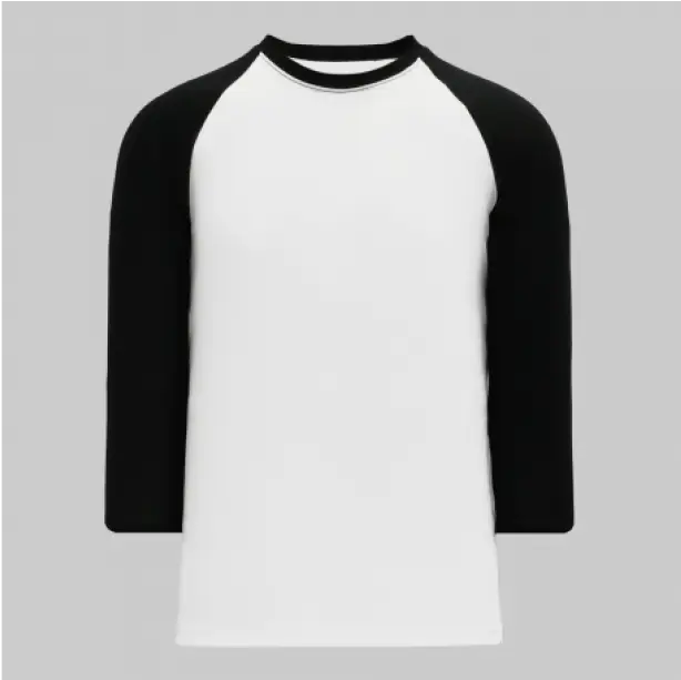 White round-neck t-shirt featuring crisp black long sleeves, creating a classic and striking contrast.