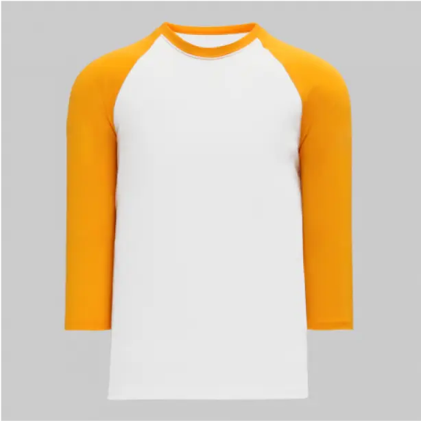 White round-neck t-shirt with sunny yellow long sleeves, adding a warm and cheerful touch.