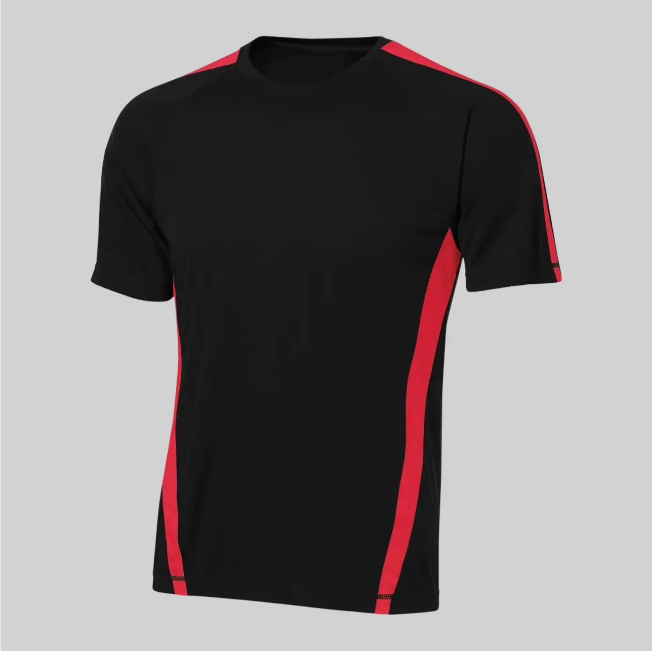 Black round-neck t-shirt with bold orange accents and short sleeves, delivering a striking and dynamic contrast.