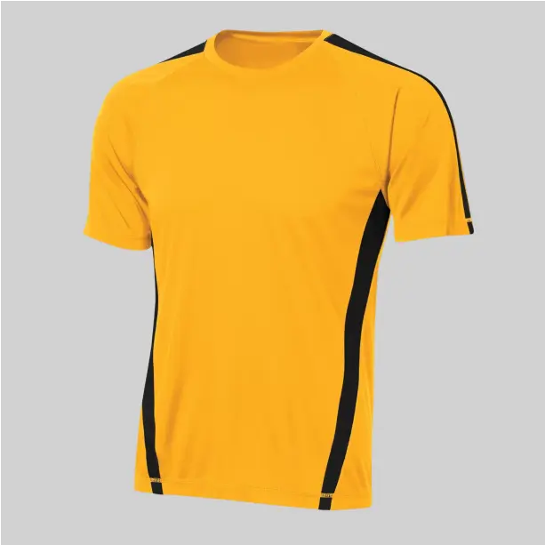 Yellow round-neck t-shirt with bold black stripes on short sleeves, creating a sharp and sporty look.