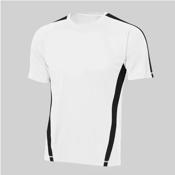 White round-neck t-shirt with crisp black stripes, offering a clean and stylish contrast.