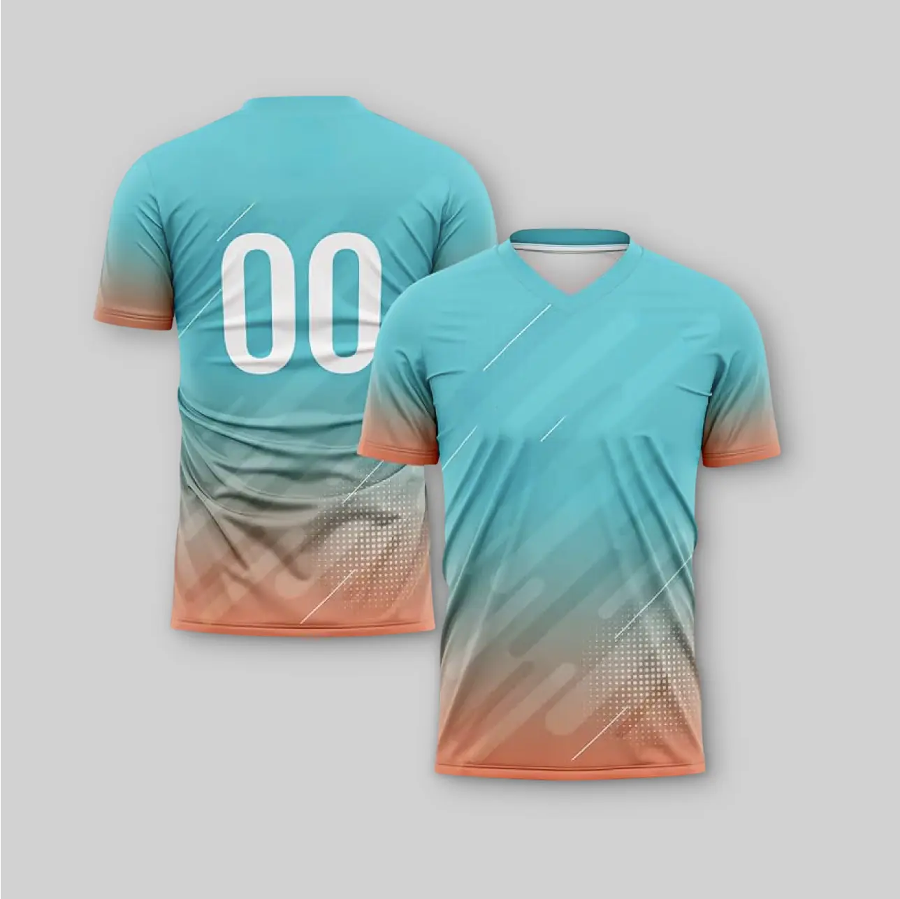 Light blue and orange gradient round-neck t-shirt with short sleeves, featuring a trendy and eye-catching fade design.