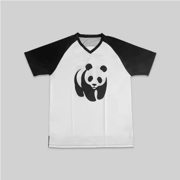 White v-neck t-shirt with black short sleeves and a detailed bear graphic, adding a fun and adventurous touch.