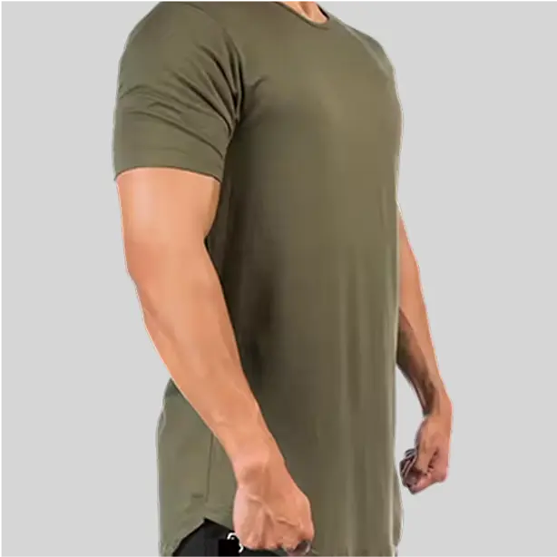 Minimalist army green long bottom tee with a curved hem, perfect for versatile styling.