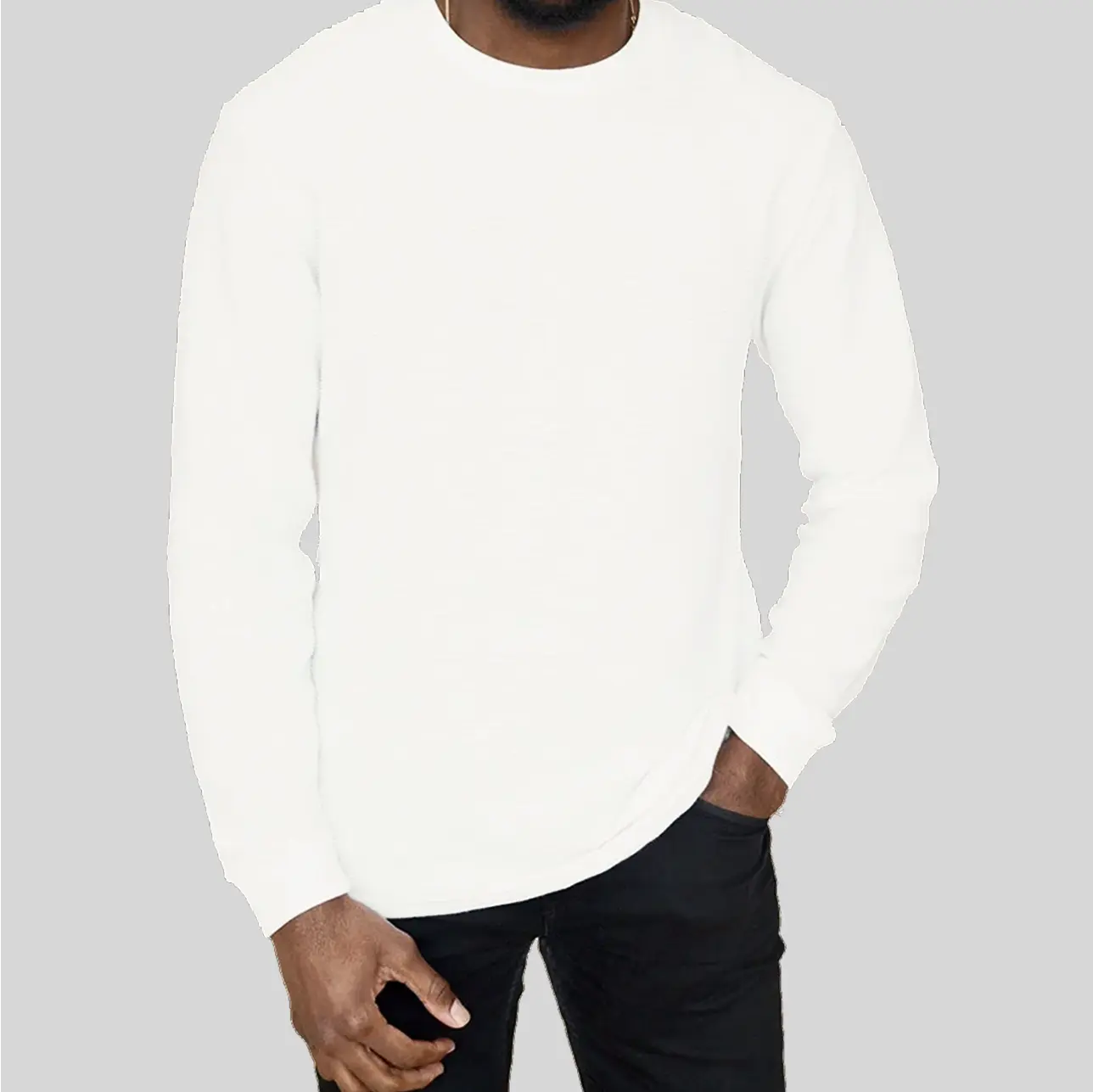 Classic white long sleeve t-shirt offering comfort and style for any season.