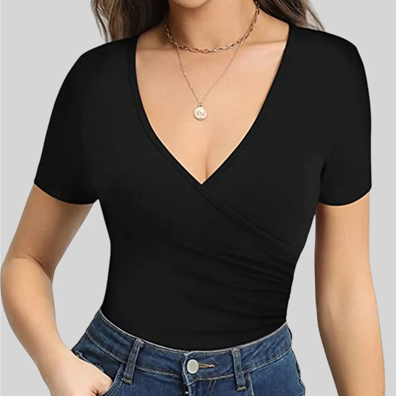 Stylish deep black V-neck t-shirt for women blending casual comfort with a sleek edge.