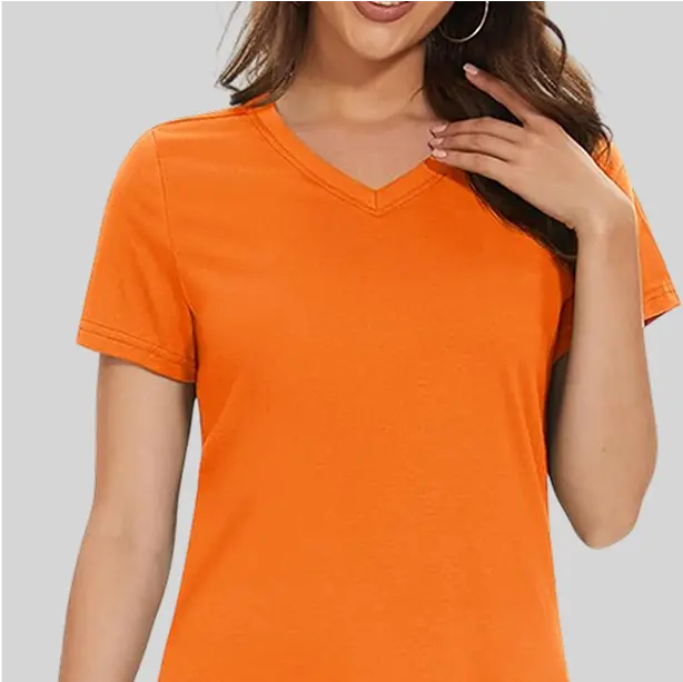 Elegant orange deep V-neck tee offering a bold and flattering neckline.