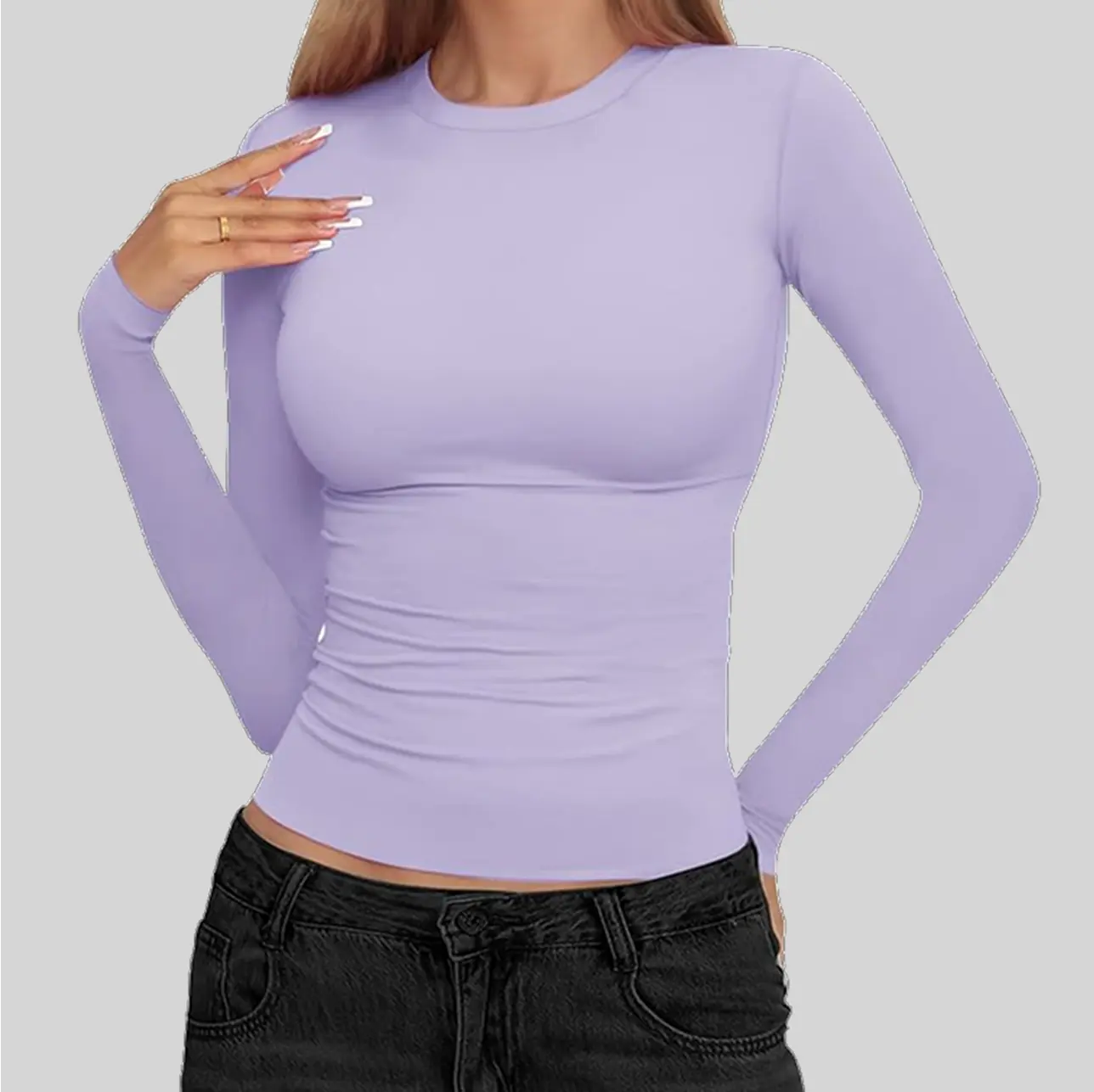 Trendy long mauve sleeve baby tee designed for casual and layered looks.