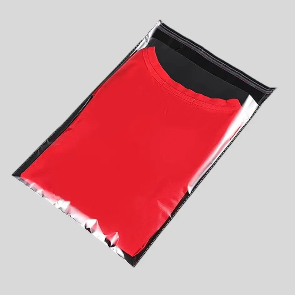 Bottom cuff t-shirt packaged in branded plastic bags for a polished and professional presentation.