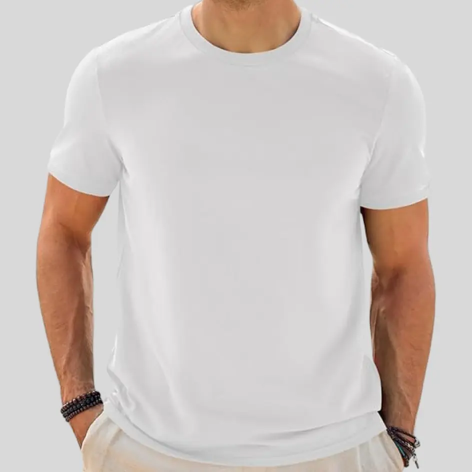 Crisp white classic round neck t-shirt, perfect for any occasion.