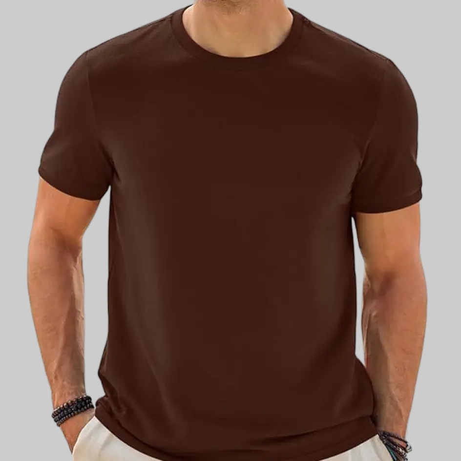 Warm coffee-colored classic round neck t-shirt, adding a unique earthy tone to your wardrobe.